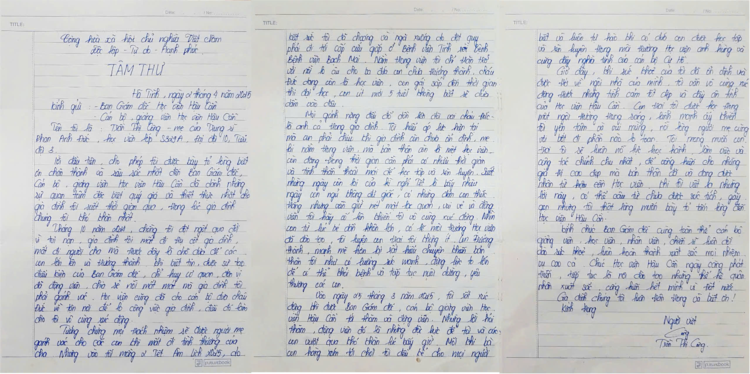 BỨC TÂM THƯ CỦA PHỤ HUYNH HỌC VIÊN GỬI HỌC VIỆN HẬU CẦN