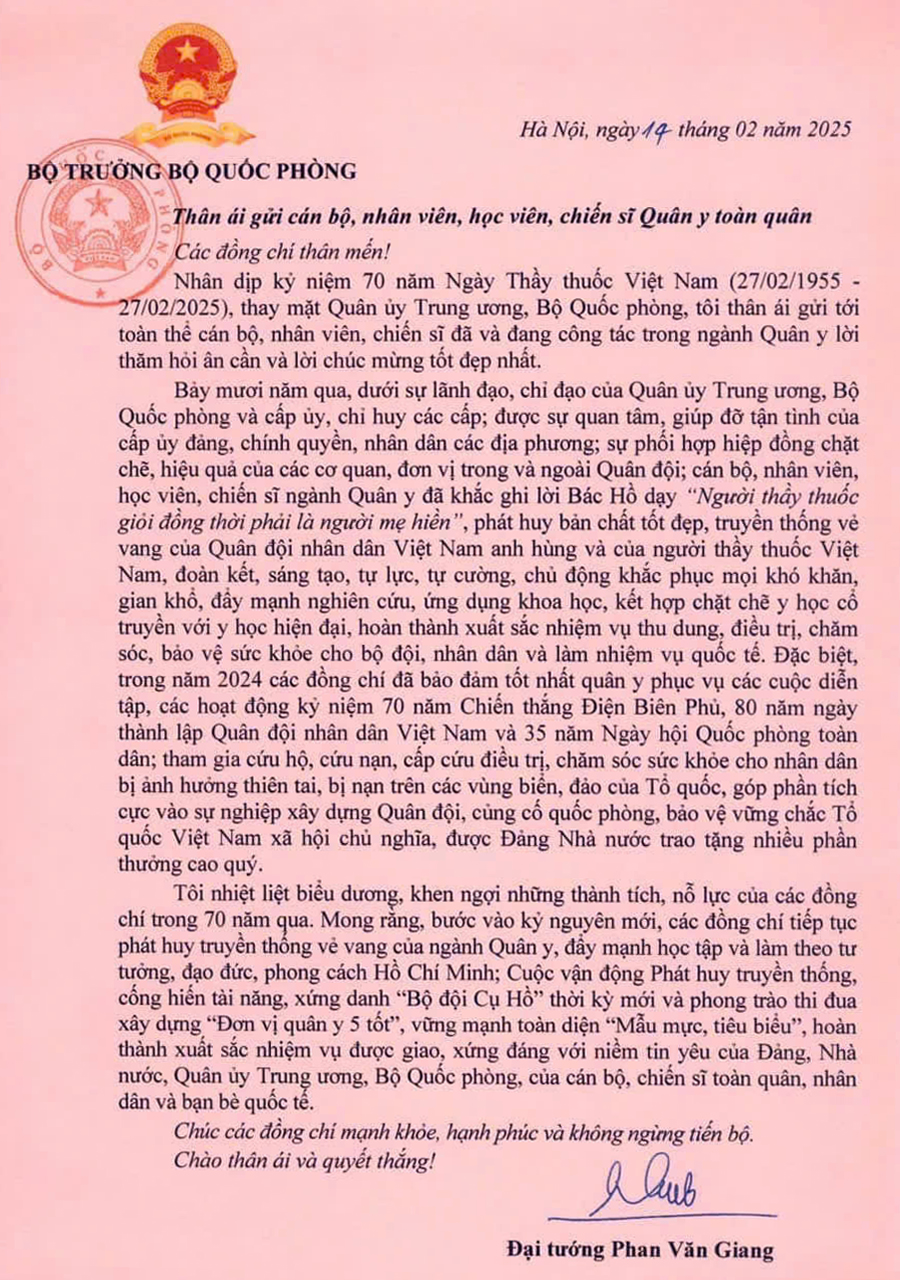 THƯ CHÚC MỪNG NGÀY THẦY THUỐC VIỆT NAM CỦA BỘ TRƯỞNG BỘ QUỐC PHÒNG