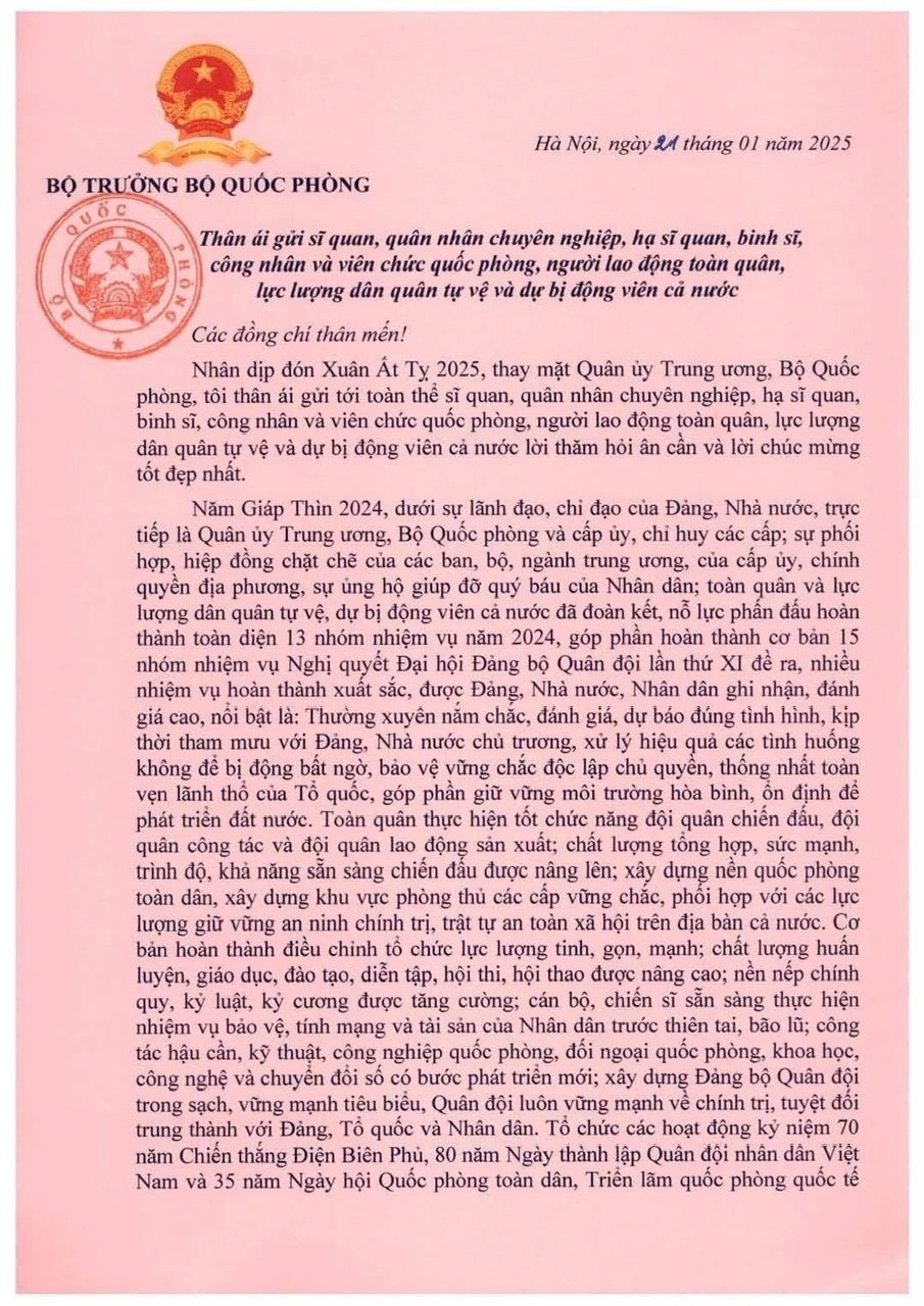 THƯ CHÚC TẾT NGUYÊN ĐÁN ẤT TỴ 2025 CỦA BỘ TRƯỞNG BỘ QUỐC PHÒNG
