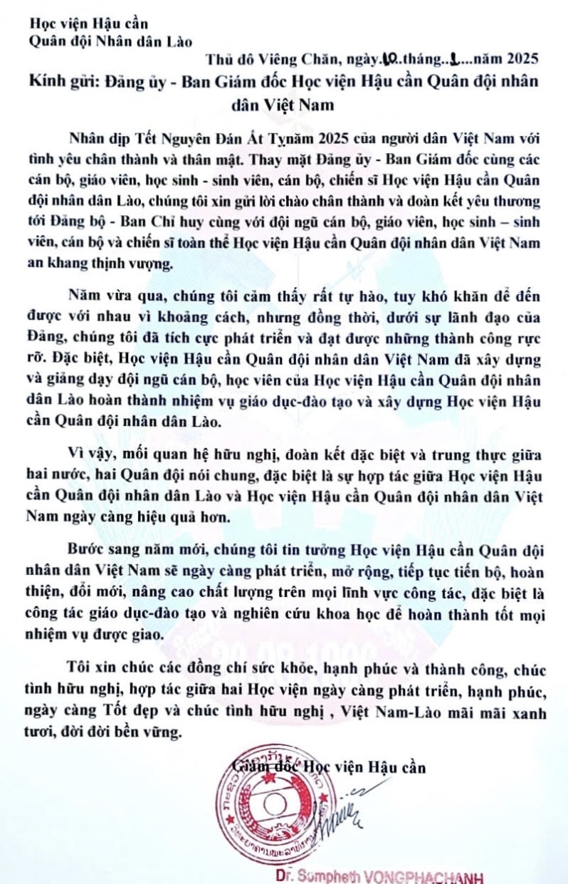 THƯ CHÚC TẾT CỔ TRUYỀN DÂN TỘC, XUÂN ẤT TỴ 2025 CỦA HỌC VIỆN HẬU CẦN QUÂN ĐỘI NHÂN DÂN LÀO