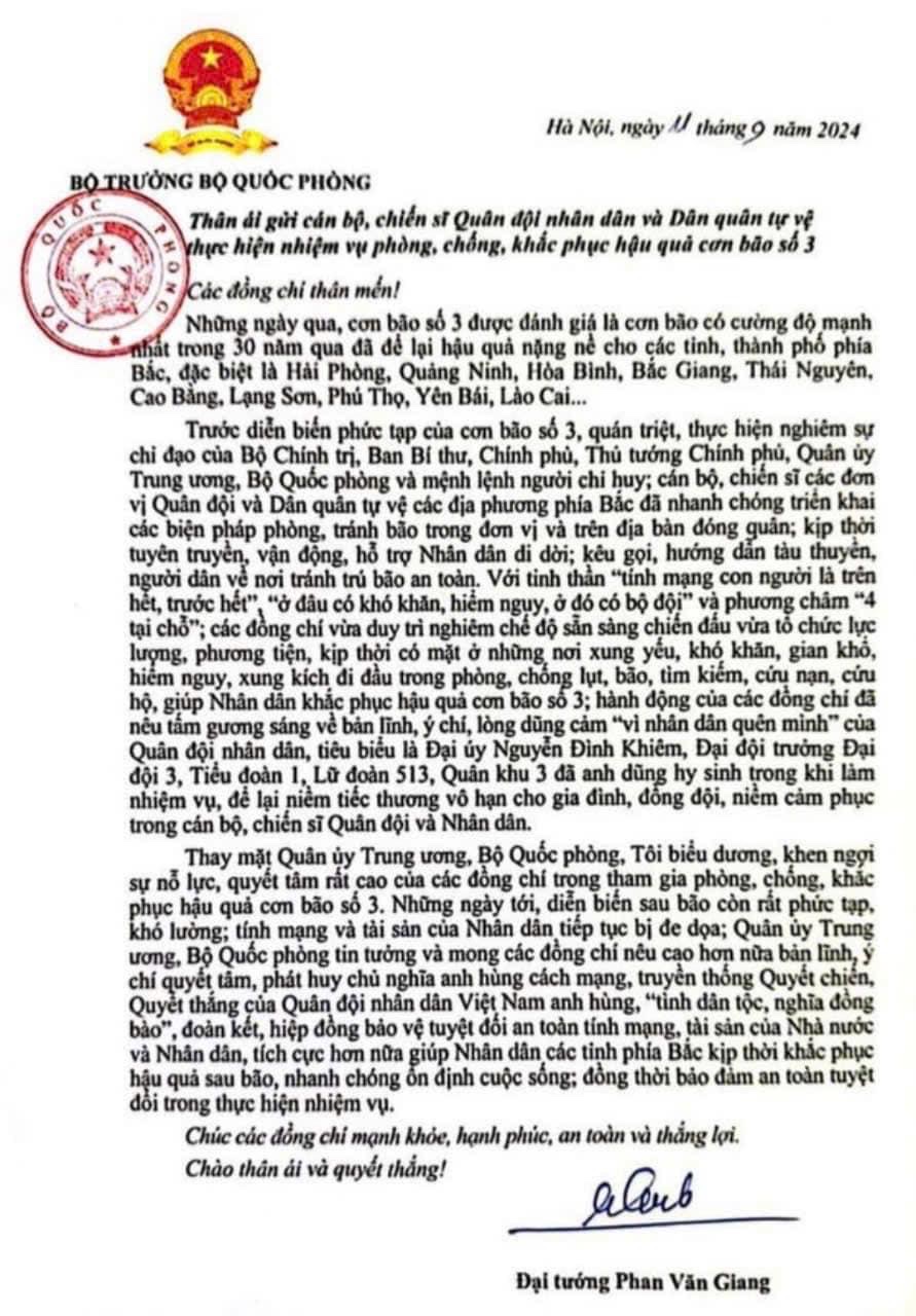 THƯ CỦA ĐỒNG CHÍ BỘ TRƯỞNG BỘ QUỐC PHÒNG