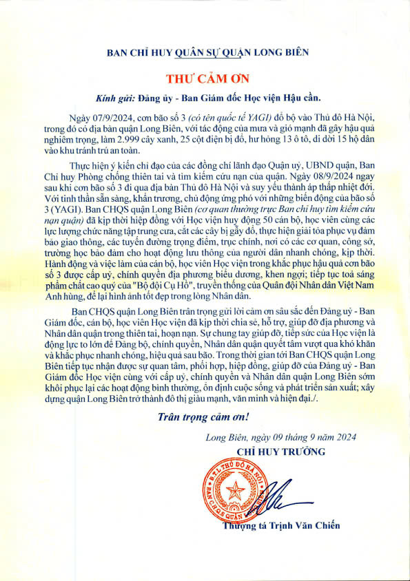 BAN CHỈ HUY QUÂN SỰ QUẬN LONG BIÊN GỬI THƯ CẢM ƠN HỌC VIỆN HẬU CẦN
